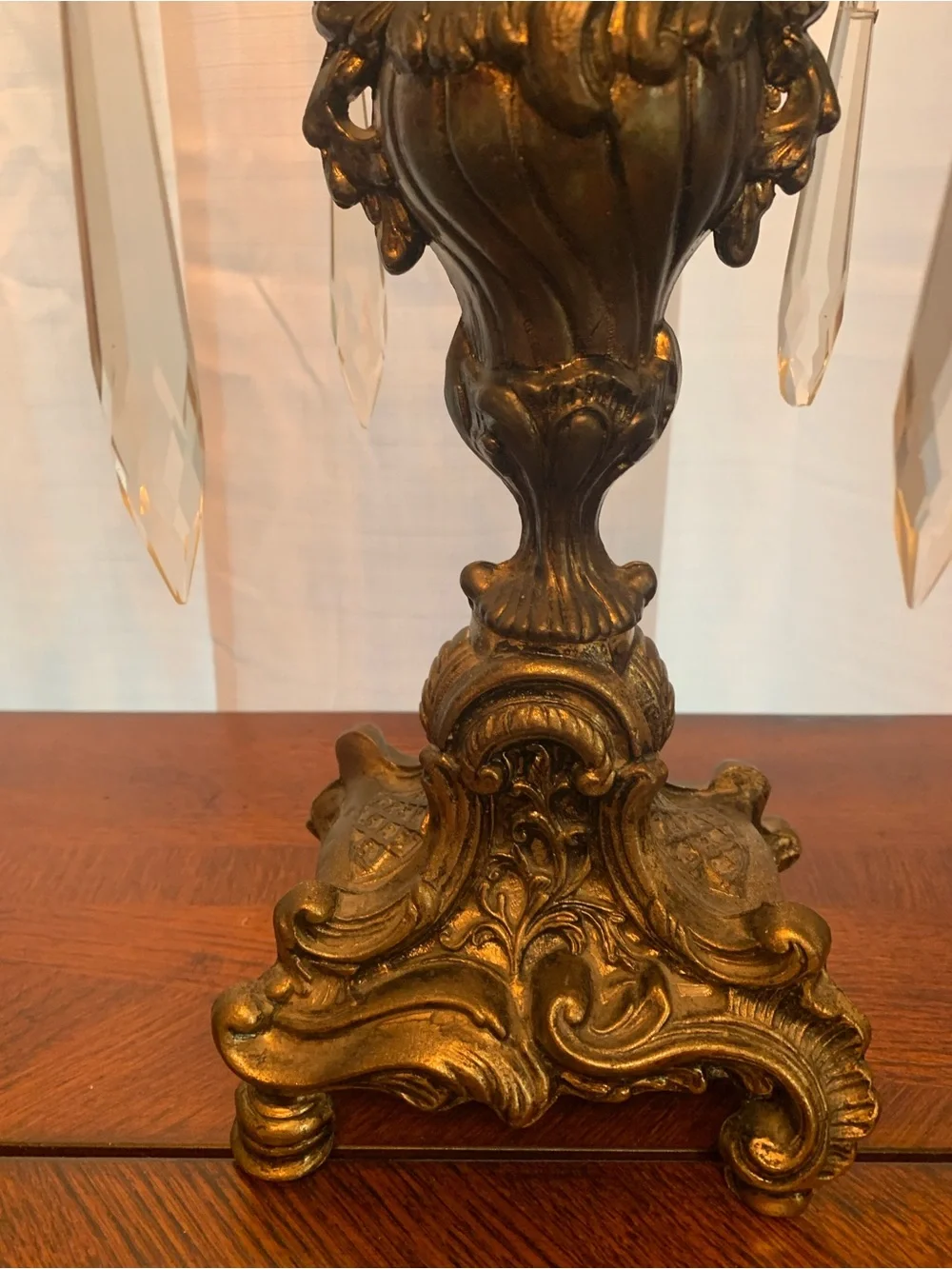 Ornate Brass Four Arm Candelabra Pair in Gold.  Glass tear drops